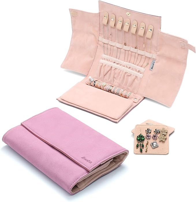 Becko US Jewelry Organizer Roll Travel Jewel Bag case for Multiple Necklaces, Rings, Bracelets, Supple Leather & Suede, Large Capacity Without Crease, Lightweight, Portable & Practical (Pink)