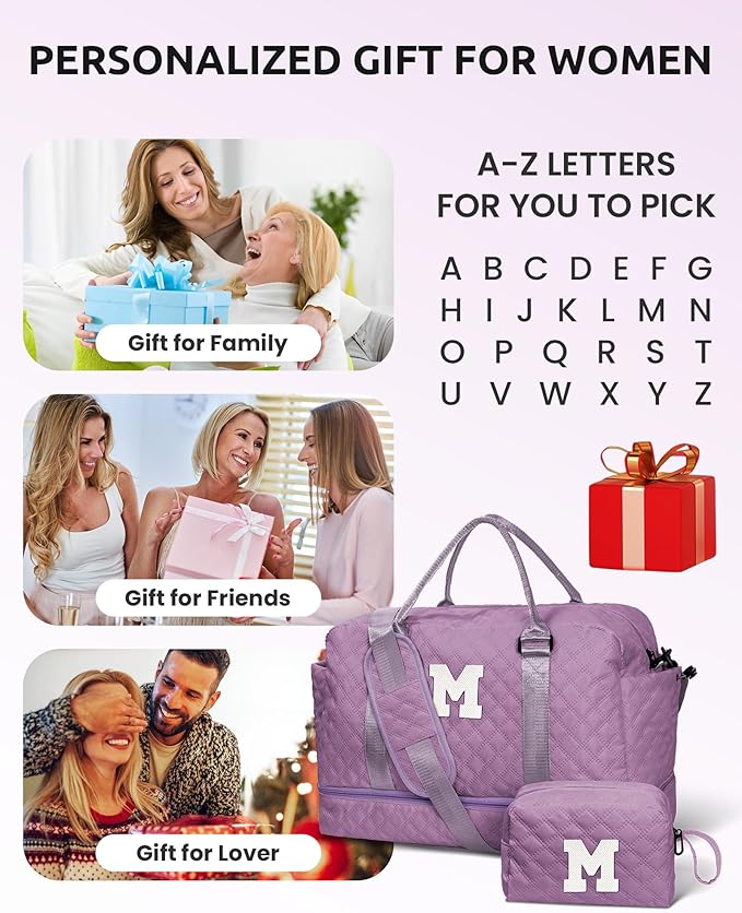 Unique Gifts for Her-Overnight Bags for Women, Personalized Weekender Bag, Monogram Travel Bag for Women with Trolley Sleeve & Wet Pocket, Letter Travel Bag with Makeup Bag (Letter D)