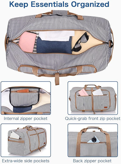80L Large Duffle Bag for Travel, 26” Travel Duffel Bag with Shoe Compartment, Foldable Collapsible Overnight Bag Gym Bag Weekender Bags for Men Women, Water & Tear Resistant (Stripe, 80L)