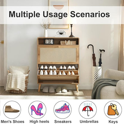 Rattan Shoe Cabinet with 2 Flip Drawers, 32 Pairs Narrow Shoe Storage Cabinet for Entryway Freestanding Hidden Shoe Rack, Modern Slim Wood Shoe Organizer for Hallway, Natural
