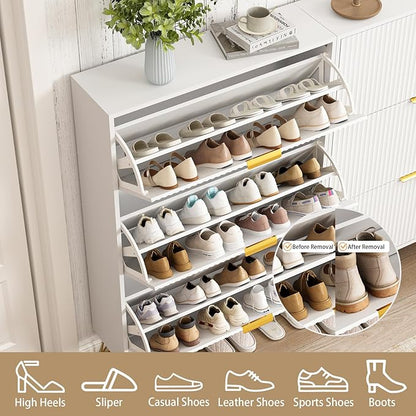 Slim Shoe Cabinet with 3 Flip Drawers, Fluted Shoe Cabinet Storage for Entryway, Narrow Shoe Storage Cabinet, Modern Freestanding Shoe Rack Organizer for Entryway, White