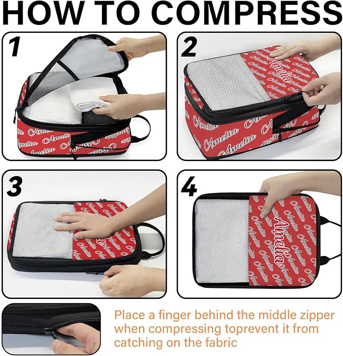 Custom 6 Set Compression Packing Cubes with Name Personalized Compressible Expandable Packing Organizers Luggage Carry On Suitcase Bags Travel Accessories Gifts, Deep Red