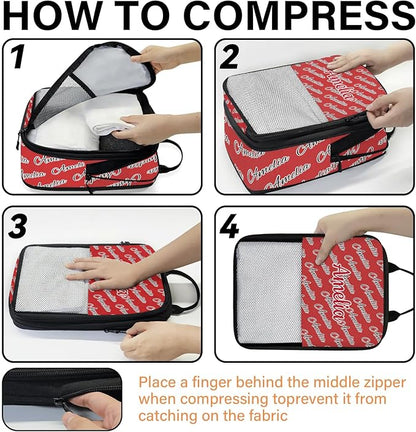 Custom 6 Set Compression Packing Cubes with Name Personalized Compressible Expandable Packing Organizers Luggage Carry On Suitcase Bags Travel Accessories Gifts, Deep Red