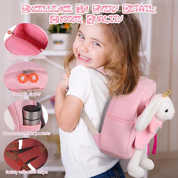 Small Rabbit Toddler Backpacks with Soft Bunny Dolls & Leash Preschool Backpack with Stuffed Animals for School Travel, 2 3 4 5 6 Year Old