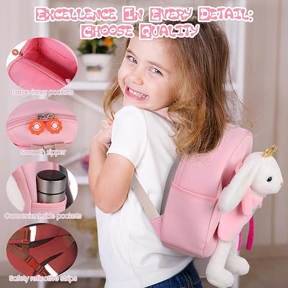 Small Rabbit Toddler Backpacks with Soft Bunny Dolls & Leash Preschool Backpack with Stuffed Animals for School Travel, 2 3 4 5 6 Year Old