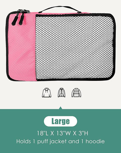 4-Piece Packing Cubes Travel Accessories Set for Suitcases - Luggage Organizer Bags with Double Zipper - Mesh Top - Large - Pink