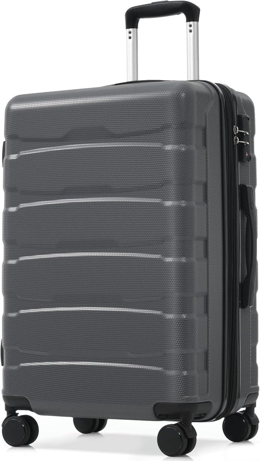 Hardshell Checked Luggage with Spinner Wheels, Expandable ABS Suitcase with TSA Lock, Travel Luggage with Telescopic Handle (Gray, 24 Inch)