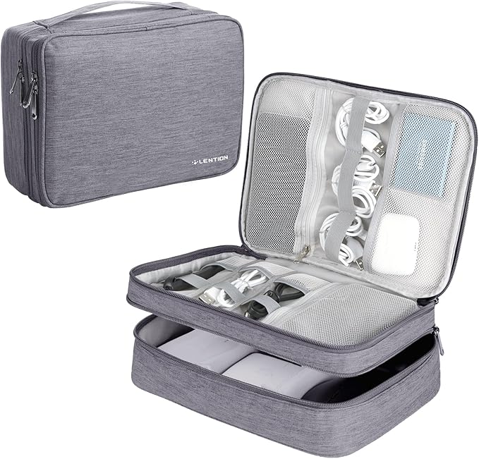 LENTION Waterproof Electronics Organizer Bag, Travel Storage Case with DIY Dividers for Cords, Charger, Power Bank, Earphones – Compact, Durable, Shockproof & Lightweight (Grey)