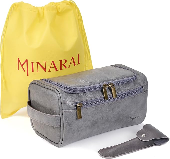 MINARAI-Mens Toiletry Bag with Razor Case– Premium Leather-Look Hygiene Bag for men with Wide-Open Access, Hanging Design, and Strong Structure– Built for Travel, Gym, and Everyday Organization– GREY