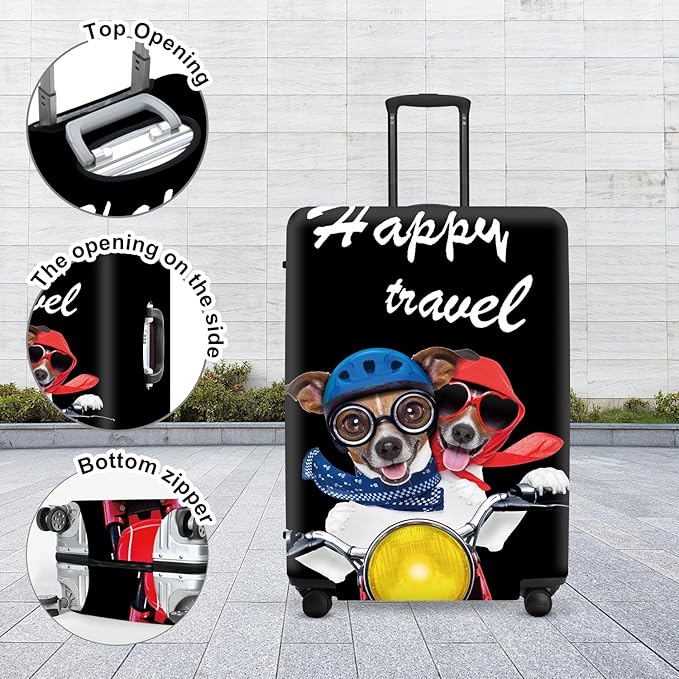 Pet Travel Luggage Protector, Washable Dog Design Suitcase Case with “Happy travel” Text Anti-scratch for 28",30"Bag