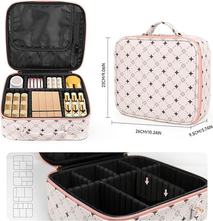 Travel Makeup Bag,Waterproof Cosmetic Organizer, Adjustable Dividers,Portability Cosmetic Train Case,Makeup organizer,Gift for Women,Girls Gift (Beige+Pink)
