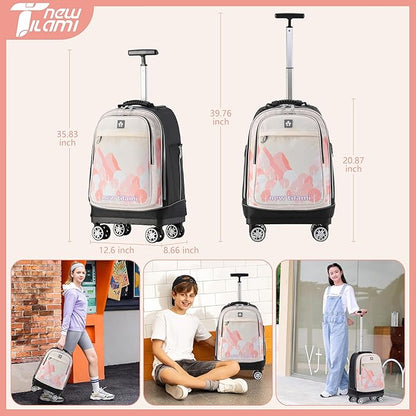 NEW TILAMI 19 Inch Rolling Backpack 360°rotating Universal Wheel, Large Organizer Compartments, Adjustable Handle, Carry on for School Students Business Travel, Pink Mountain Forest