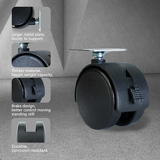 2 Inch Furniture Caster Wheels 4pcs Swivel Plastic Rollers with Locks Stainless Screws Small Universal Plate Wheel Casters Replacement for Cabinet Drawer Table Desk Cart in Office Kitchen