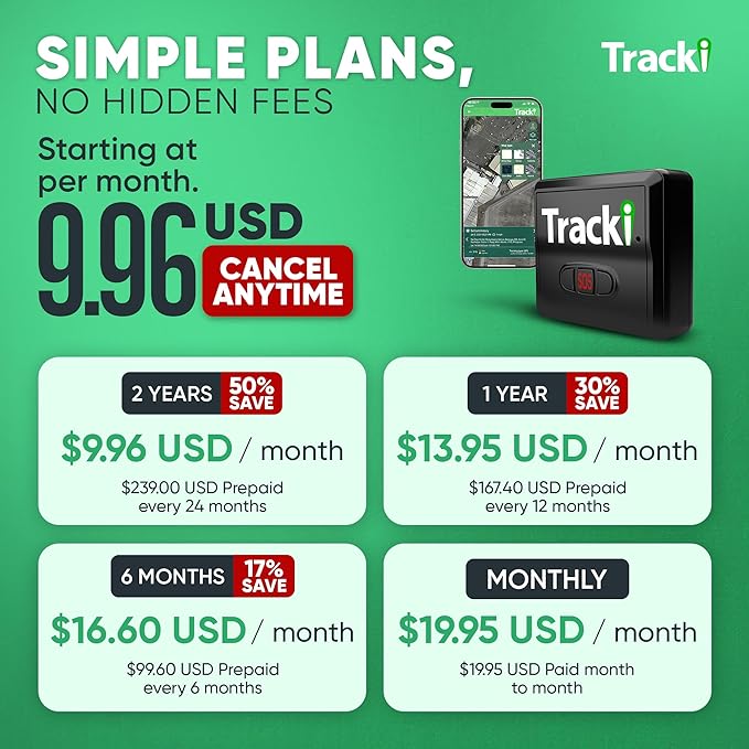 Tracki GPS Tracker for Vehicles, Car, Kids. Subscription Needed. US-Made Tech. 4G LTE GPS Tracking Device. Unlimited Distance, US & Worldwide. Small (Tracker) (Tracker 2 Years Subscription Incl.)