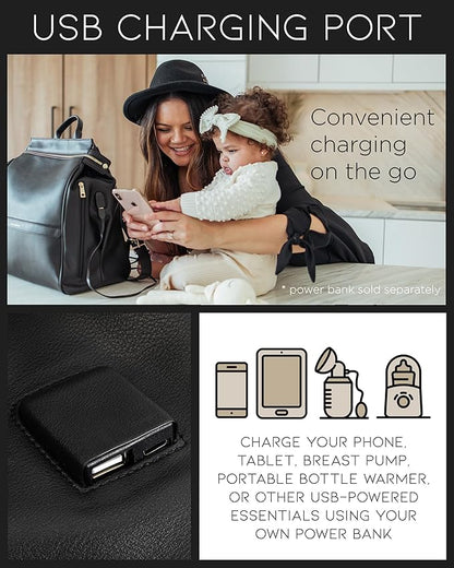 MIA + SOPHIA Leather Diaper Bag Backpack with USB Charging port, Changing Pad, Stroller Straps, and Bottle Holder (Black Sophia)