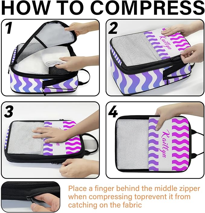 Custom 6 Set Compression Packing Cubes with Name Striped Personalized Compressible Expandable Packing Organizers Luggage Carry On Suitcase Bags Travel Accessories Gifts, Blue Purple