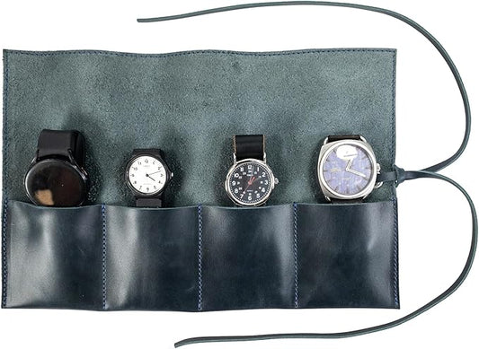 Hide & Drink, Leather Watch Roll Organizer Handmade from Full Grain Leather, Holds Up to 4 Watches, Easy Carry On Watchlover Storage (Slate Blue)