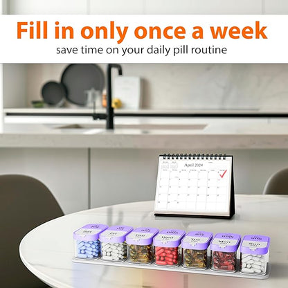 Extra Large Weekly Pill Organizer - XL Vitamin Holder with 7 Detachable AM PM Compartments - Portable Medicine Dispenser for Home and Travel, Big Supplement Container for Weekly or Daily Use, Purple
