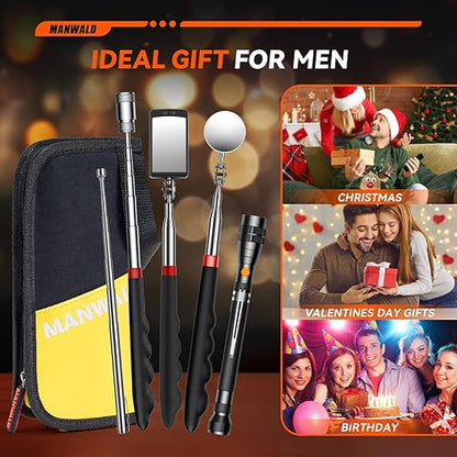 Telescoping Magnetic Pickup Tool Set with Portable Bag, Extendable Flashlight with 360° Inspection Mirror, Christmas Stocking Stuffers for Men Adults, Gifts for Men Mechanics, Handymen, Yellow