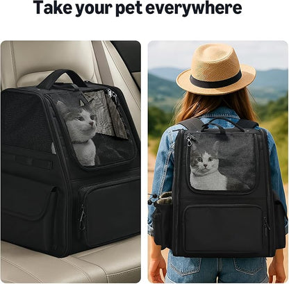 Amazon Basics Pet Backpack for Cats & Small Dogs, Collapsible Travel Carrier with Ventilated Mesh, Removable Pad, and Safety Leash, Black