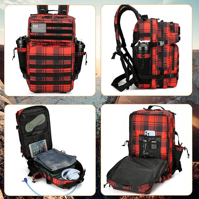 25L Tactical Backpack for Men and Women Military Backpack Small Assault Pack Molle Backpack Bug Out Bag Travel Rucksack Daypack (Red Plaid)
