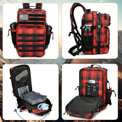 25L Tactical Backpack for Men and Women Military Backpack Small Assault Pack Molle Backpack Bug Out Bag Travel Rucksack Daypack (Red Plaid)