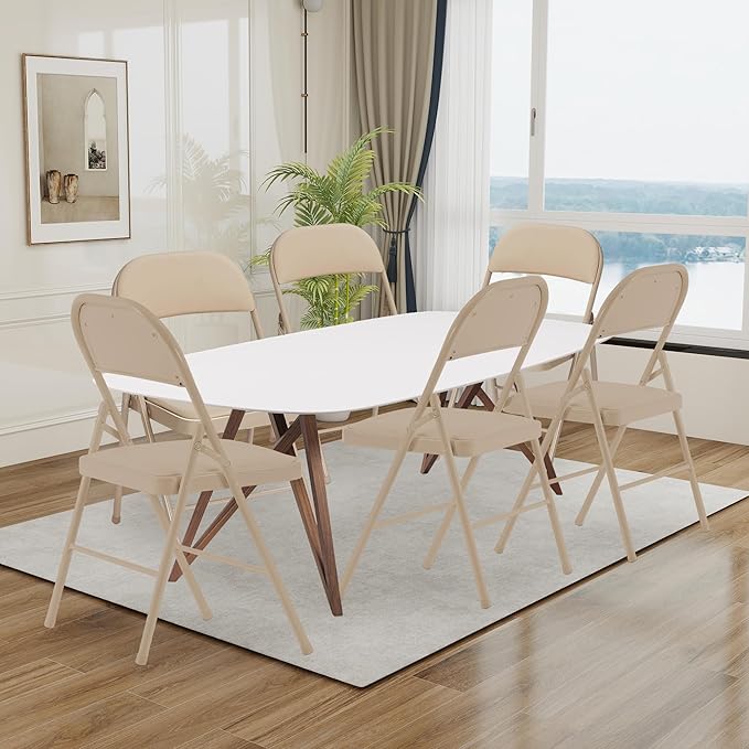 4 Pack Khaki Folding Chairs with Padded Cushion and Back, Portable Duty Metal Frame Commercial Seat, Foldable Indoor Outdoor Chairs for Office Party Events Kitchen Dinning Wedding, 330-LBS Capacity