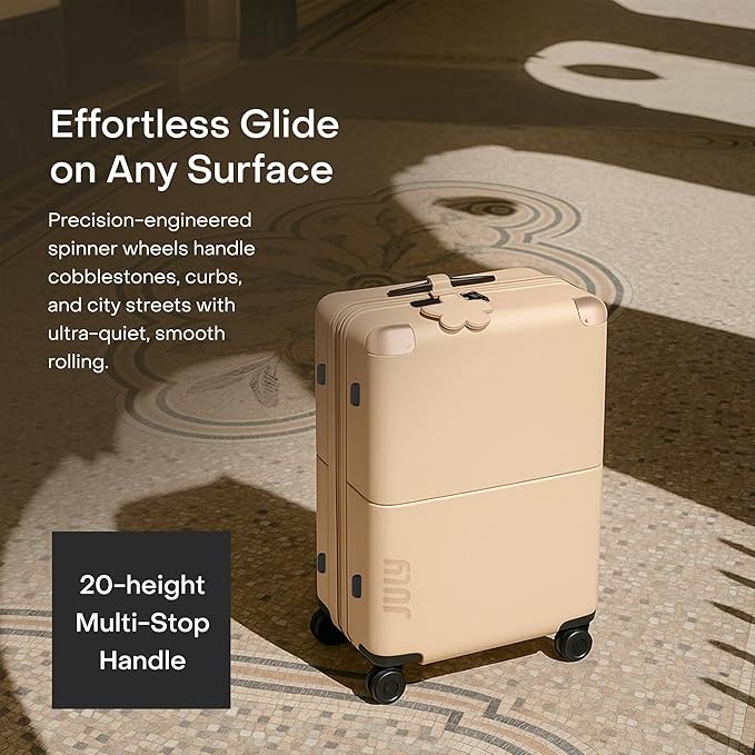 Checked Expandable - 24.5" Airline Approved Check In Luggage with Wheels, Spinner Suitcase for Men & Women - TSA Lock Rolling Suitcase, Spinner Wheels, Expansion Zip, Y-Strap - Sand