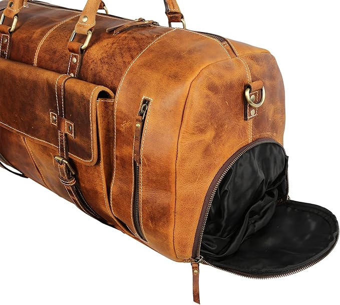 KomalC Leather Duffle Bags for Men and Women Travel Overnight Weekend sports bag holdall Gym Duffel for Men (Distressed Tan, 28 Inch)