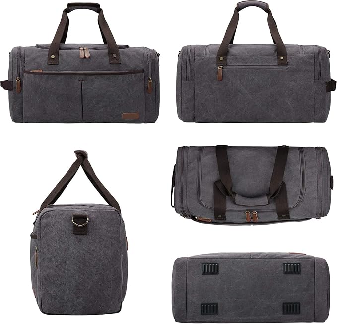 S-ZONE 65L Expandable Canvas Duffle Bag Travel Overnight Holdall Weekend Bag with Shoes Compartment Large Carry On Bag Tote Gym Bag for Men Women, Grey, L