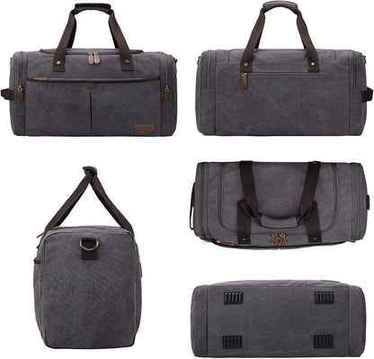 S-ZONE 65L Expandable Canvas Duffle Bag Travel Overnight Holdall Weekend Bag with Shoes Compartment Large Carry On Bag Tote Gym Bag for Men Women, Grey, L