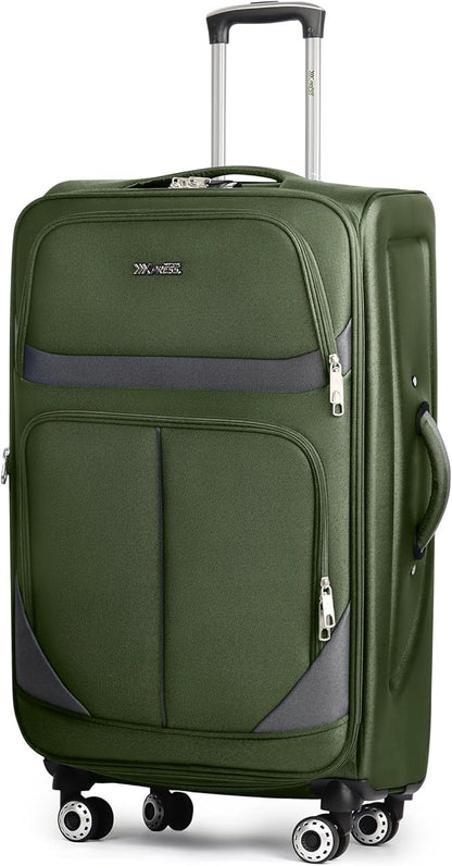 28" Large Softside Expandable 15% Checked Luggage with Double Spinner Wheels LOCK,Lightweight Travel Suitcase for Men/Women（Green-Grey,28in）