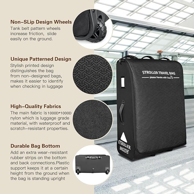 RAYMACE Padded Stroller Travel Bag for Airplane,Stroller Gate check bag with Wheels Fits UPPAbaby Vista V2,Cruz V2(Remove Rear Wheels), Travel Safe Protection Storage Bag, Patterned Design,Black