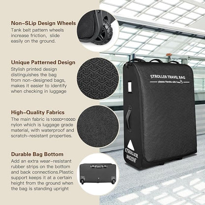 RAYMACE Padded Stroller Travel Bag for Airplane,Stroller Gate check bag with Wheels Fits UPPAbaby Vista V2,Cruz V2(Remove Rear Wheels), Travel Safe Protection Storage Bag, Patterned Design,Black