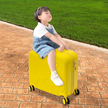 18-Inch Kids Ride-On Suitcase - Cute Lightweight Trolley Luggage with 4 Silent Spinner Wheels & Lock for Travel - Perfect for Ages 3-6 (Yellow)
