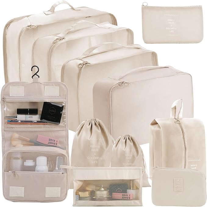 Packing Cubes Storage Bags 11 Pieces-Luggage Organizers Classify Store Clothing Efficiently for Travel Outdoor Home (Beige, 11 Pieces)