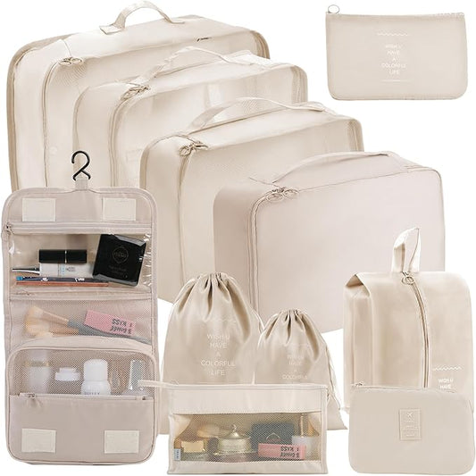 Packing Cubes Storage Bags 11 Pieces-Luggage Organizers Classify Store Clothing Efficiently for Travel Outdoor Home (Beige, 11 Pieces)