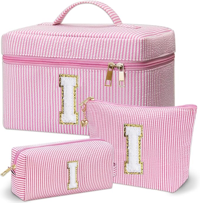 Personalized Monogram Makeup Bag, 3PCS Custom Monogrammed Toiletry Cosmetic Bag for 6-18 Teen Girls Women,Birthday Graduation Gifts Initial Pouch Makeup Bags for Women Girls, Make Up Bag (I, Pink)