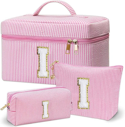 Personalized Monogram Makeup Bag, 3PCS Custom Monogrammed Toiletry Cosmetic Bag for 6-18 Teen Girls Women,Birthday Graduation Gifts Initial Pouch Makeup Bags for Women Girls, Make Up Bag (I, Pink)