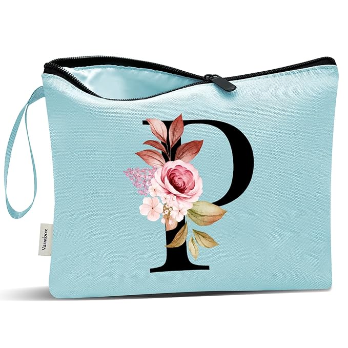 Vavabox A-Z Personalized Makeup Bag, Birthday Gifts for Women Mom, Gifts for Best Friend, Bride Bridesmaid Cosmetic bag (P, Green)