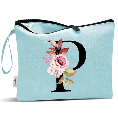 Vavabox A-Z Personalized Makeup Bag, Birthday Gifts for Women Mom, Gifts for Best Friend, Bride Bridesmaid Cosmetic bag (P, Green)