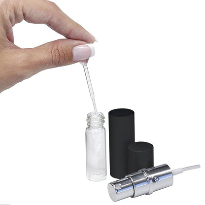 Refillable Perfume & Cologne Fine Mist Atomizers with Metallic Exterior & Glass Interior - 5ml Portable Travel Size - 3ml Squeeze Transfer Pipette Included (2 Pack, Silver & Black)