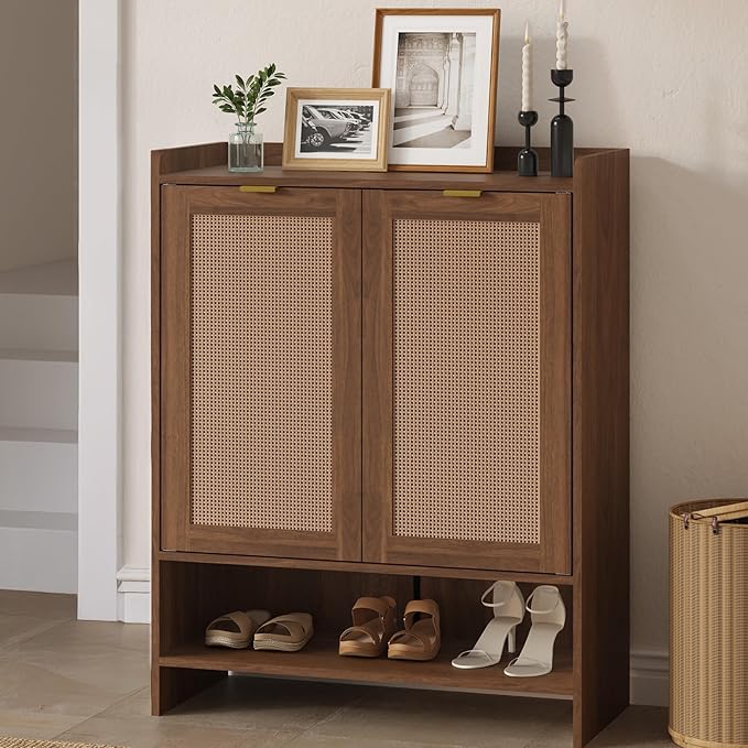 EROMMY Rattan Shoe Storage Cabinet with Doors- 5 Tier Farmhouse Boho, Tall Wooden Storage Rack with 3 Adjustable Shelves, Shoes Rack Organizer Cabinet for Entryway Hallway Closet