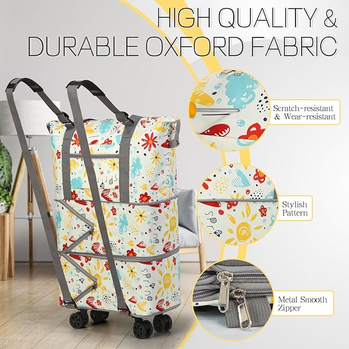 VOOWO Rolling Duffel Bag with Wheels - Foldable Expandable Duffle Bag with Wheels for Travel, Rolling Luggage Bag Carry On Bag with Wheel, Large Rolling Backpack Weekend Bag for Men Women (Flower)