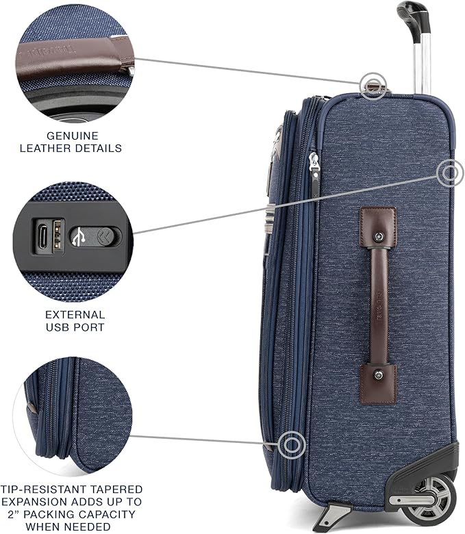 Travelpro Platinum Elite Softside Expandable Carry on Luggage, 2 Wheel Upright Suitcase, USB Port, Men and Women, True Navy, Carry On 22-Inch