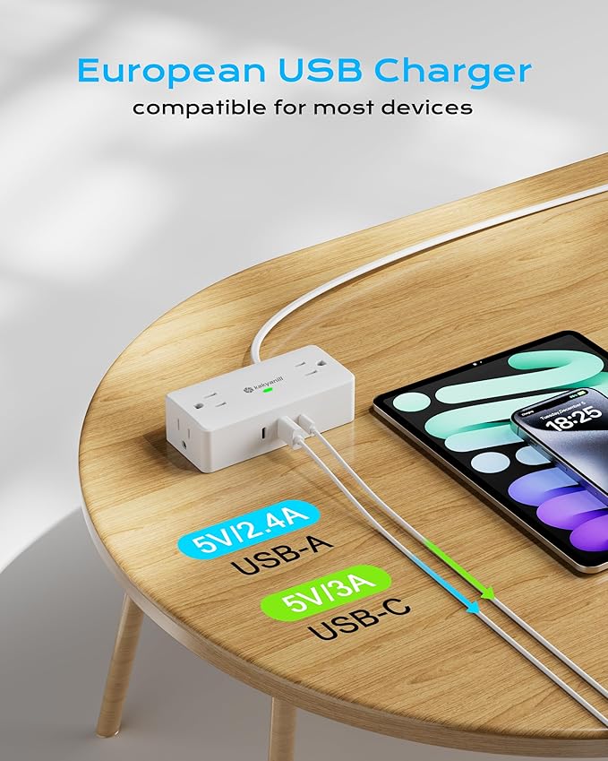 European Travel Plug Adapter, EU/UK/JP Plug Adapter, 4 AC Outlets, 3 USB Ports (2 USB C), 5ft Flat Extension Cord, Compact for Travel