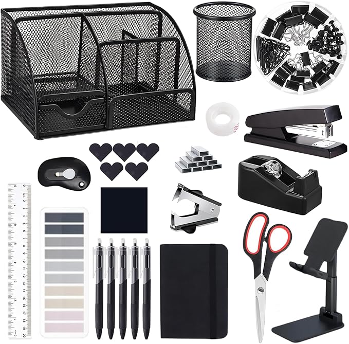 Office Supplies,Desk Accessories,Stapler and Tape Dispenser Set,1000 Staples,Staple Remover,Pen Holder,Folding Phone Holder,Journal Notebook,Ballpoint Pen,Scissor,Ruler,Clear Tape,Sticky Notes,Ect