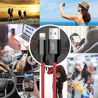 cugunu iPhone Charger, 5 Pack 3/3/6/6/10FT Apple MFi Certified USB Lightning Cable Nylon Braided Fast Charging Cord Compatible for iPhone 14/13/12/11/X/Max/8/7/6/5/SE/Plus/iPad - Red