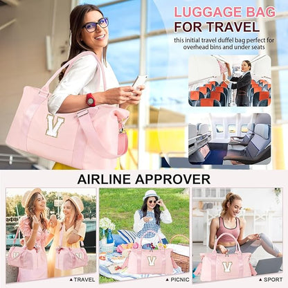 Dance Gym Duffel Bag for Teen Girls, Personalized Initial Travel Weekender Bag,Cute Overnight Carry On Duffle for Women,Sports Travel Cheer Bag,Monogram Christmas Gifts for Tween Preppy(pink-V)