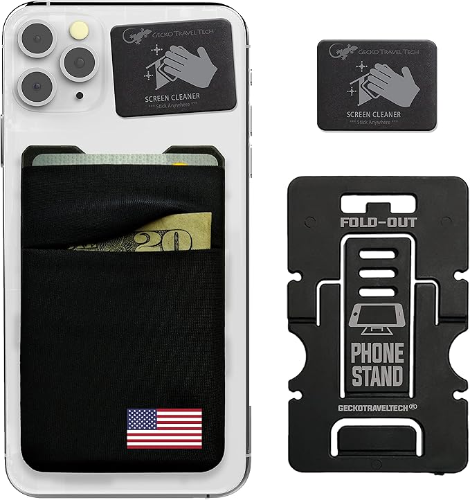 Double Pocket Adhesive Card Holder - Cell Phone Pouch - Stick on Spandex Pocket by Gecko - Carry Credit Cards and Cash - Phone Wallet – (USA FLAG)